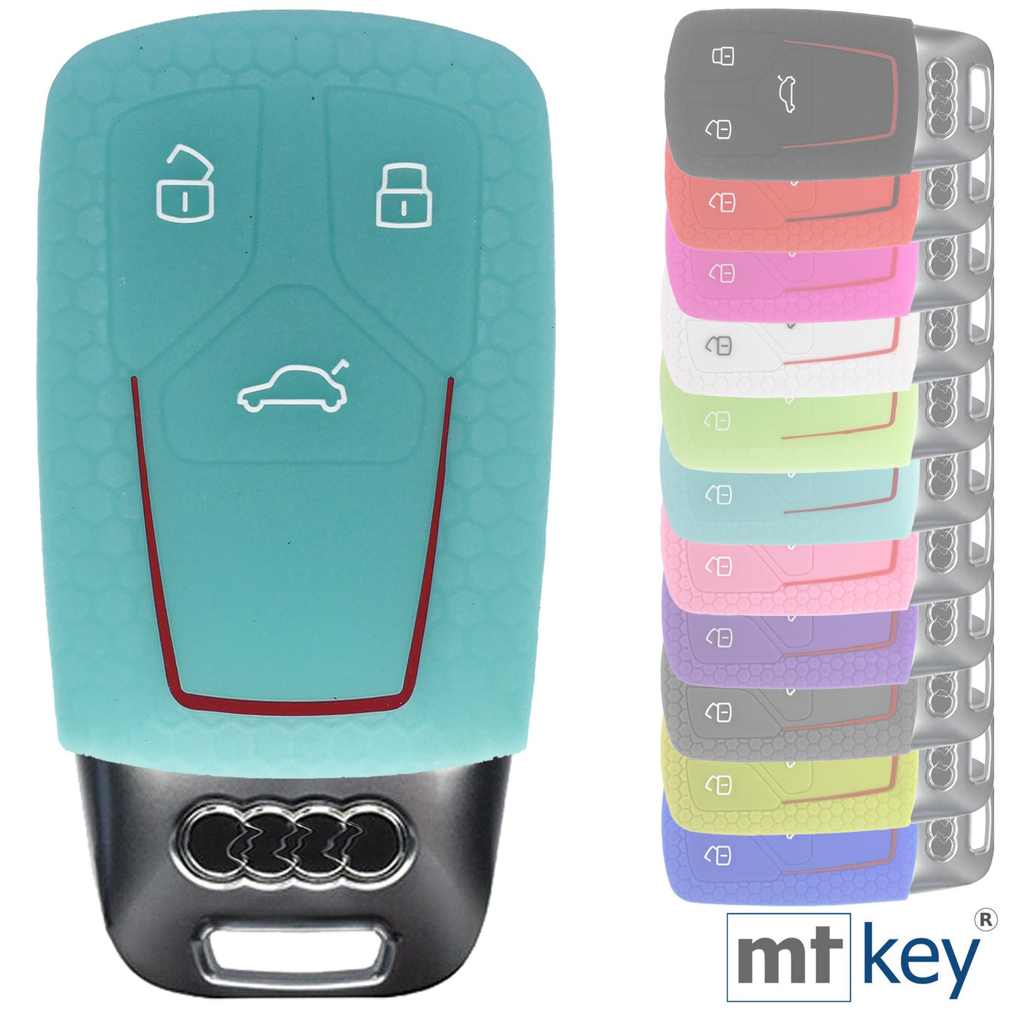 Auto Schlüssel Hülle Silikon Schutz Cover im Wabe Design Fluoreszierend Blau kompatibel mit Audi A4 A5 A6 A7 TT Q2 Q5 Q7 A8 Q8 3 Tasten KEYLESS SMARTKEY