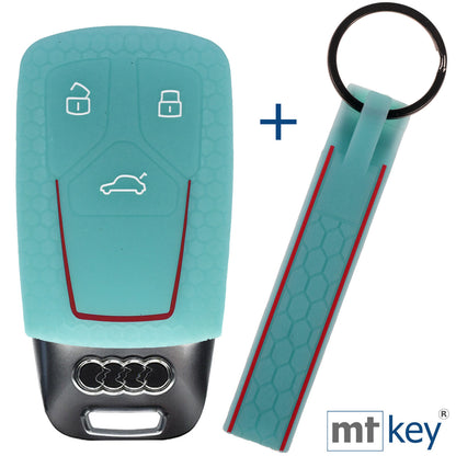 Auto Schlüssel Silikon Schutz Hülle + Schlüsselband im Wabe Design Fluoreszierend Blau Kompatibel mit Audi A4 A5 A6 A7 TT Q2 Q5 Q7 A8 Q8 3 Tasten KEYLESS SMARTKEY