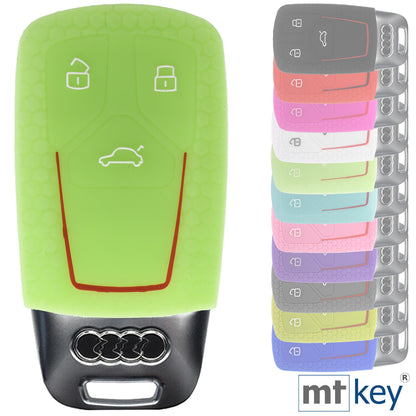 Auto Schlüssel Silikon Schutz Hülle + Schlüsselband im Wabe Design Fluoreszierend Grün Kompatibel mit Audi A4 A5 A6 A7 TT Q2 Q5 Q7 A8 Q8 3 Tasten KEYLESS SMARTKEY