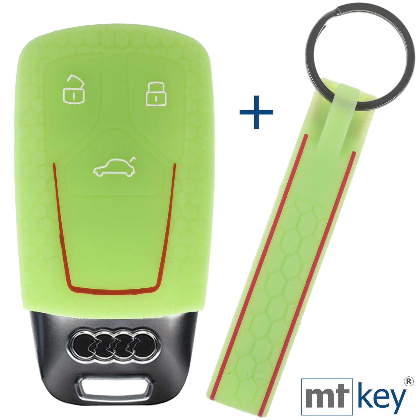 Auto Schlüssel Silikon Schutz Hülle + Schlüsselband im Wabe Design Fluoreszierend Grün Kompatibel mit Audi A4 A5 A6 A7 TT Q2 Q5 Q7 A8 Q8 3 Tasten KEYLESS SMARTKEY