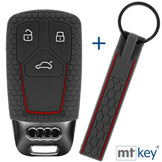 Auto Schlüssel Silikon Schutz Hülle + Schlüsselband im Wabe Design Grau Kompatibel mit Audi A4 A5 A6 A7 TT Q2 Q5 Q7 A8 Q8 3 Tasten KEYLESS SMARTKEY