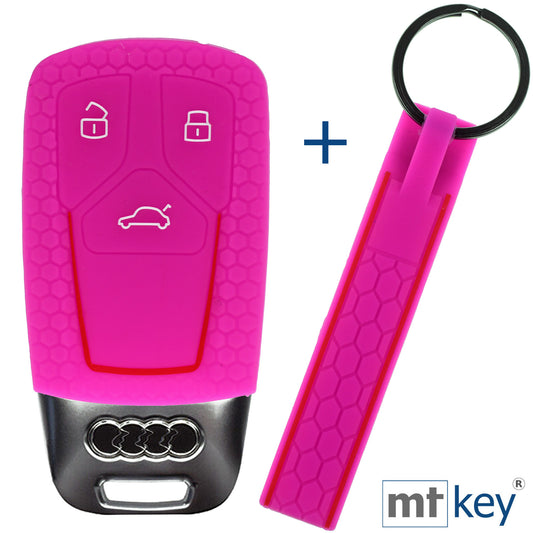 Auto Schlüssel Silikon Schutz Hülle + Schlüsselband im Wabe Design Pink Kompatibel mit Audi A4 A5 A6 A7 TT Q2 Q5 Q7 A8 Q8 3 Tasten KEYLESS SMARTKEY