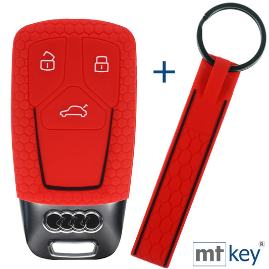 Auto Schlüssel Silikon Schutz Hülle + Schlüsselband im Wabe Design Rot Kompatibel mit Audi A4 A5 A6 A7 TT Q2 Q5 Q7 A8 Q8 3 Tasten KEYLESS SMARTKEY