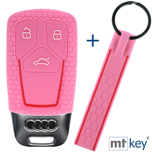 Auto Schlüssel Silikon Schutz Hülle + Schlüsselband im Wabe Design Rosa Kompatibel mit Audi A4 A5 A6 A7 TT Q2 Q5 Q7 A8 Q8 3 Tasten KEYLESS SMARTKEY