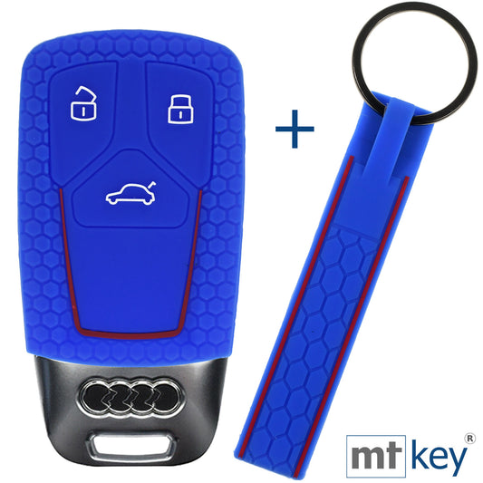 Auto Schlüssel Silikon Schutz Hülle + Schlüsselband im Wabe Design Blau Kompatibel mit Audi A4 A5 A6 A7 TT Q2 Q5 Q7 A8 Q8 3 Tasten KEYLESS SMARTKEY