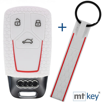 Auto Schlüssel Silikon Schutz Hülle + Schlüsselband im Wabe Design Weiß Kompatibel mit Audi A4 A5 A6 A7 TT Q2 Q5 Q7 A8 Q8 3 Tasten KEYLESS SMARTKEY