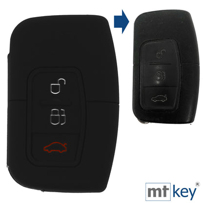 Auto Schlüssel Hülle Silikon Schutz Cover Schwarz kompatibel mit Ford C-Max Focus Kuga Mondeo 3 Tasten KEYLESS SMARTKEY