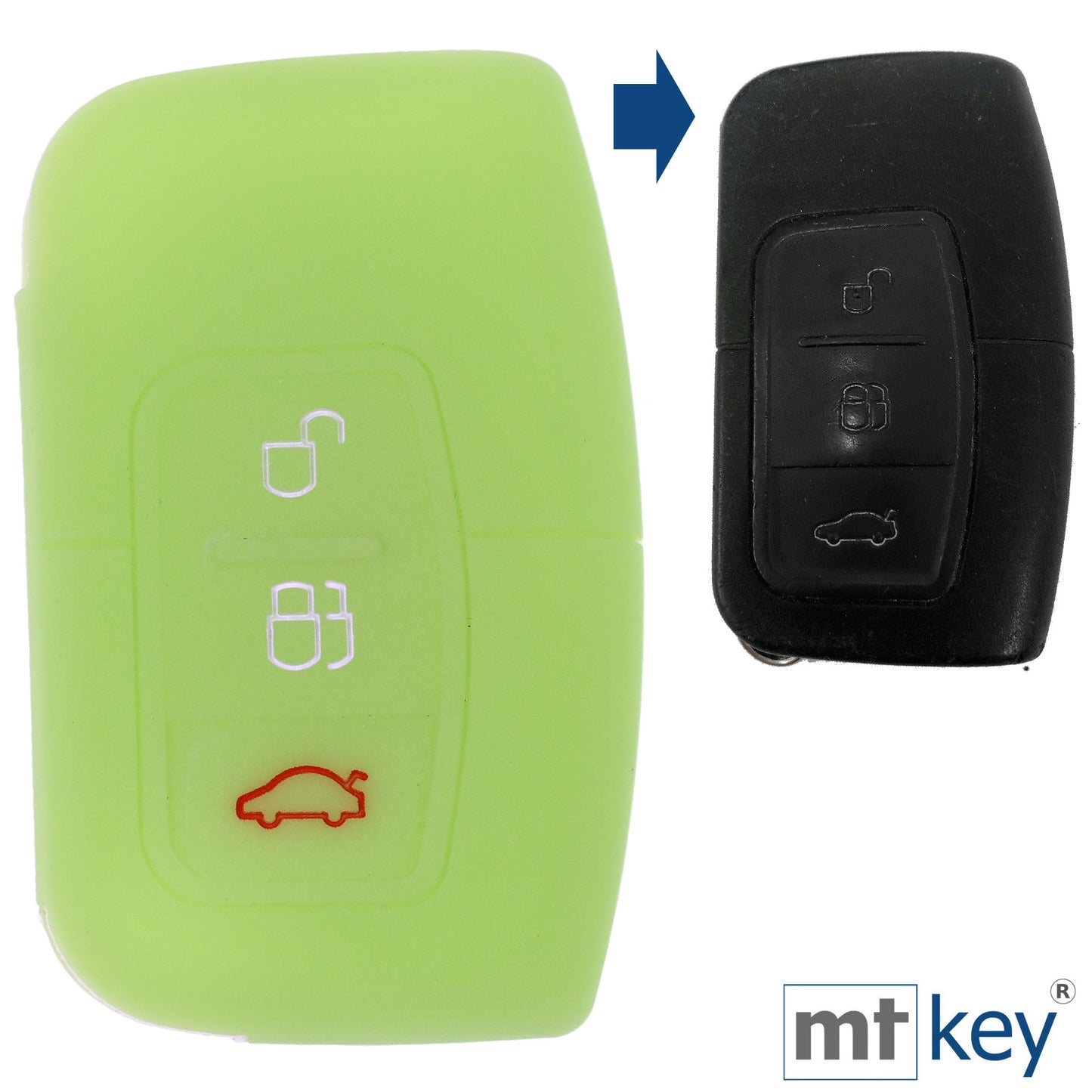 Auto Schlüssel Hülle Silikon Schutz Cover Fluoreszierend Grün kompatibel mit Ford C-Max Focus Kuga Mondeo 3 Tasten KEYLESS SMARTKEY