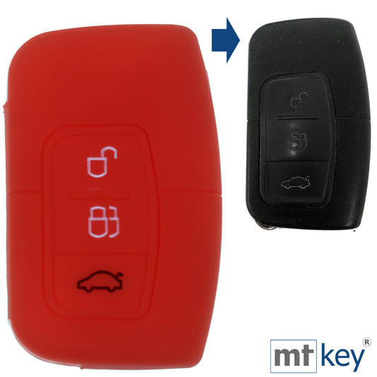 Auto Schlüssel Hülle Silikon Schutz Cover Rot kompatibel mit Ford C-Max Focus Kuga Mondeo 3 Tasten KEYLESS SMARTKEY