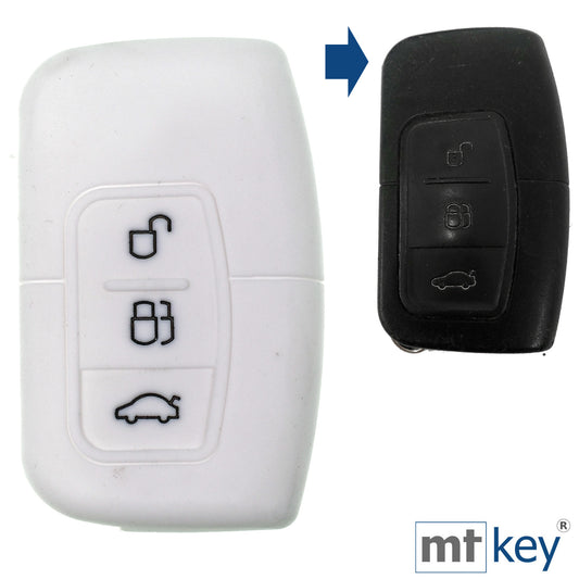 Auto Schlüssel Hülle Silikon Schutz Cover Weiß kompatibel mit Ford C-Max Focus Kuga Mondeo 3 Tasten KEYLESS SMARTKEY