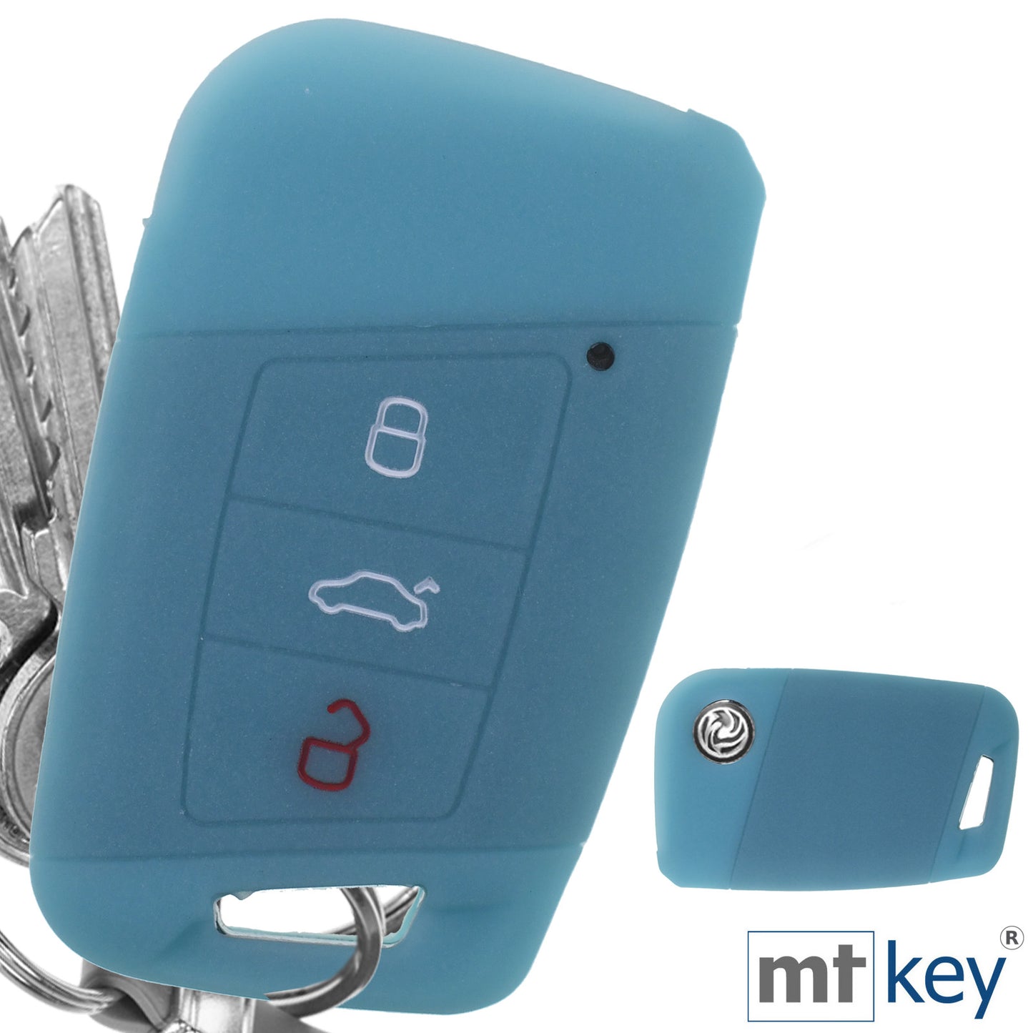 Auto Schlüssel Silikon Schutz Hülle + Schlüsselband Fluoreszierend Blau Kompatibel mit VW Passat B8 Arteon Skoda Kodiaq 3 Tasten KEYLESS SMARTKEY