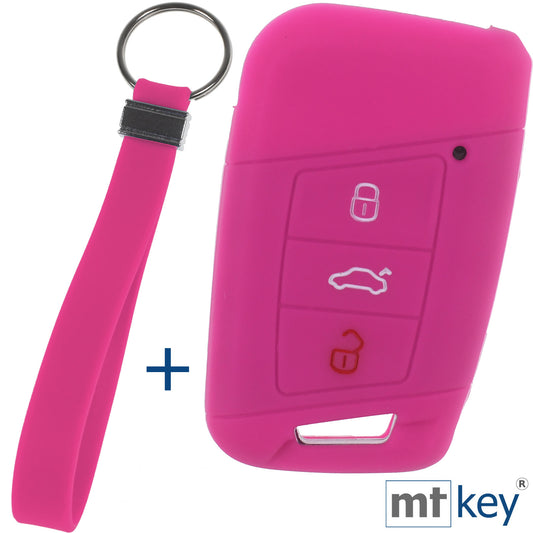 Auto Schlüssel Silikon Schutz Hülle + Schlüsselband Pink Kompatibel mit VW Passat B8 Arteon Skoda Kodiaq 3 Tasten KEYLESS SMARTKEY