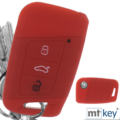 Auto Schlüssel Hülle Silikon Schutz Cover Rot kompatibel mit VW Passat B8 Arteon Skoda Kodiaq 3 Tasten KEYLESS SMARTKEY