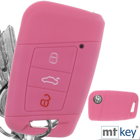 Auto Schlüssel Hülle Silikon Schutz Cover Rosa kompatibel mit VW Passat B8 Arteon Skoda Kodiaq 3 Tasten KEYLESS SMARTKEY