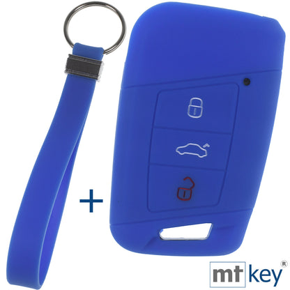 Auto Schlüssel Silikon Schutz Hülle + Schlüsselband Blau Kompatibel mit VW Passat B8 Arteon Skoda Kodiaq 3 Tasten KEYLESS SMARTKEY