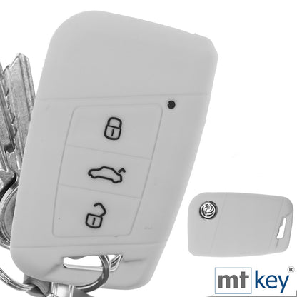 Auto Schlüssel Hülle Silikon Schutz Cover Weiß kompatibel mit VW Passat B8 Arteon Skoda Kodiaq 3 Tasten KEYLESS SMARTKEY