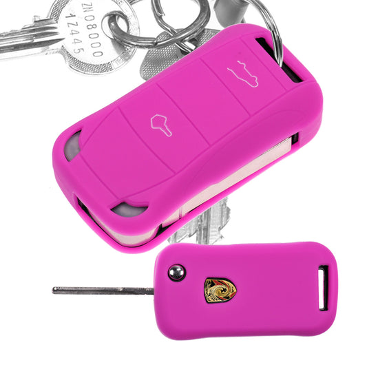 Auto Schlüssel Hülle Silikon Schutz Cover Pink kompatibel mit Porsche Cayenne 955 9PA 2002-2012 2 Tasten Klappschlüssel