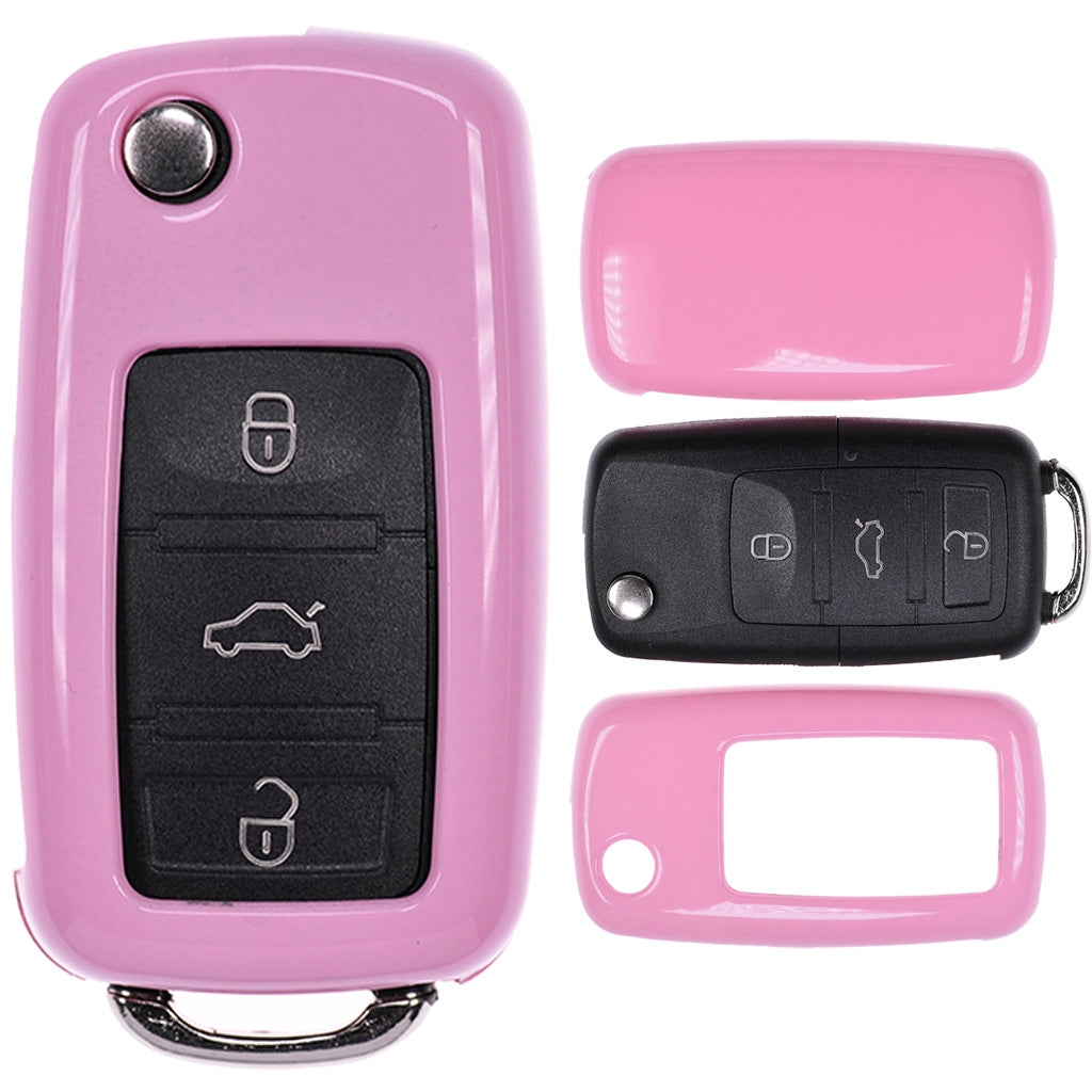 Auto Schlüssel Kunststoff Hülle ABS Plastik Schutz Cover Pink kompatibel mit VW Golf 5 6 Sharan Touran EOS Jetta Skoda Octavia Polo Beetle Passat Caddy T5 Tiguan bis 2009 Klappschlüssel