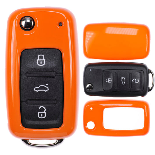 Auto Schlüssel Kunststoff Hülle ABS Plastik Schutz Cover Orange kompatibel mit VW UP Golf Polo Seat Ibiza Skoda Octavia Yeti ab 2009 Klappschlüssel