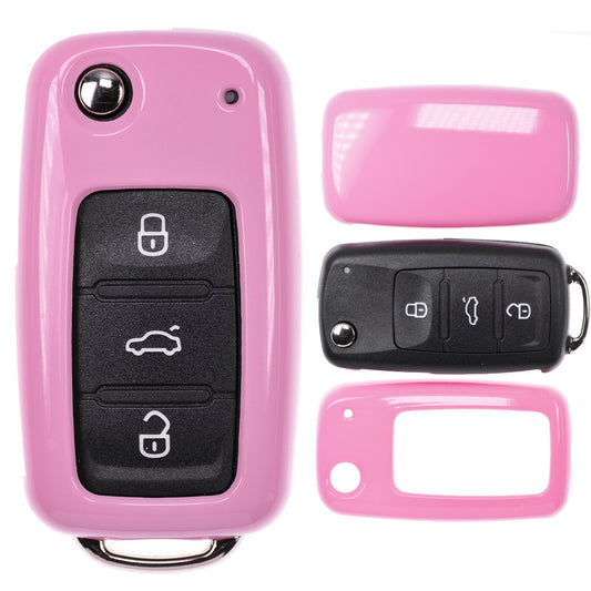 Auto Schlüssel Kunststoff Hülle ABS Plastik Schutz Cover Pink kompatibel mit VW UP Golf Polo Seat Ibiza Skoda Octavia Yeti ab 2009 Klappschlüssel