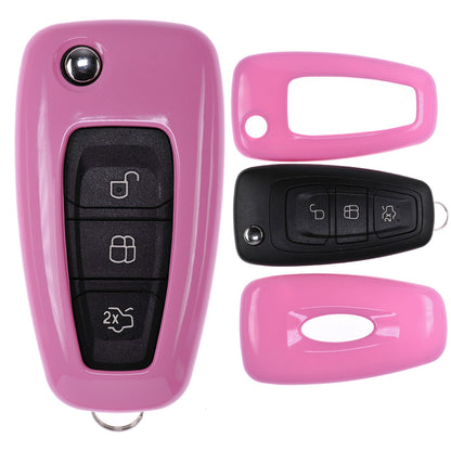 Auto Schlüssel Kunststoff Hülle ABS Plastik Schutz Cover Pink kompatibel mit Ford Mondeo S-Max Focus Fiesta Transit Klappschlüssel