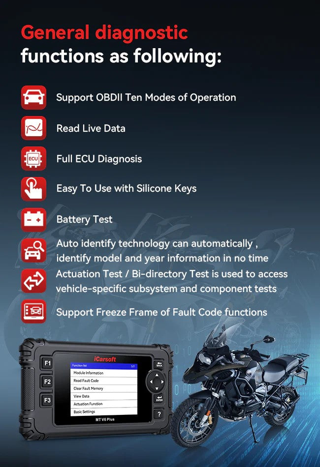 iCarsoft MT PRO Mini OBD2 UNIVERSAL Diagnosegerät kompatibel mit 20+ Motorrad Motor Roller ATV Marken inkl. aller Adapter & kostenlose Updates