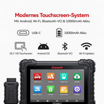 iCarsoft CR Eagle P OBD2 Diagnosegerät für 58+ Marken, TPMS mit 4 Sensoren, 14 Adapter, Videoskop, J2534, CAN-FD & DoIP inkl. Updates