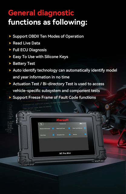 iCarsoft MT PRO Mini OBD2 UNIVERSAL Diagnosegerät kompatibel mit 20+ Motorrad Motor Roller ATV Marken inkl. aller Adapter & kostenlose Updates
