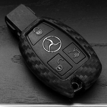 Auto Schlüssel Silikon Schutz Hülle im Carbon Look Kompatibel mit Mercedes Benz W204 W205 W906 C117 W212 W218 W222 SMARTKEY