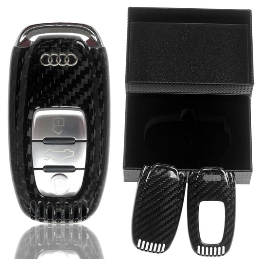 Auto Schlüssel Echt Carbon Schutz Hülle Hardcover Schwarz kompatibel mit Audi A4 8K A5 8T 8F A6 A7 C7 R8 Q5 8R A8 X1 KEYLESS SMARTKEY