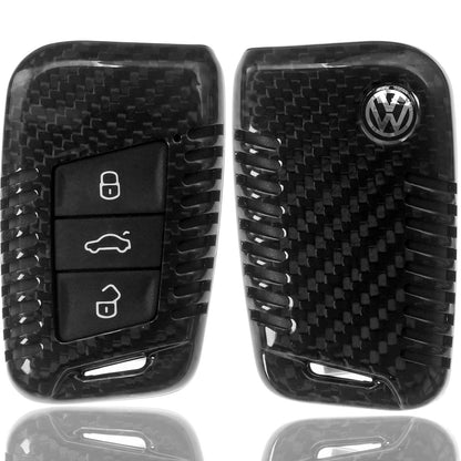 Auto Schlüssel Echt Carbon Schutz Hülle Hardcover Schwarz kompatibel mit VW Passat B8 Arteon Skoda Kodiaq KEYLESS SMARTKEY