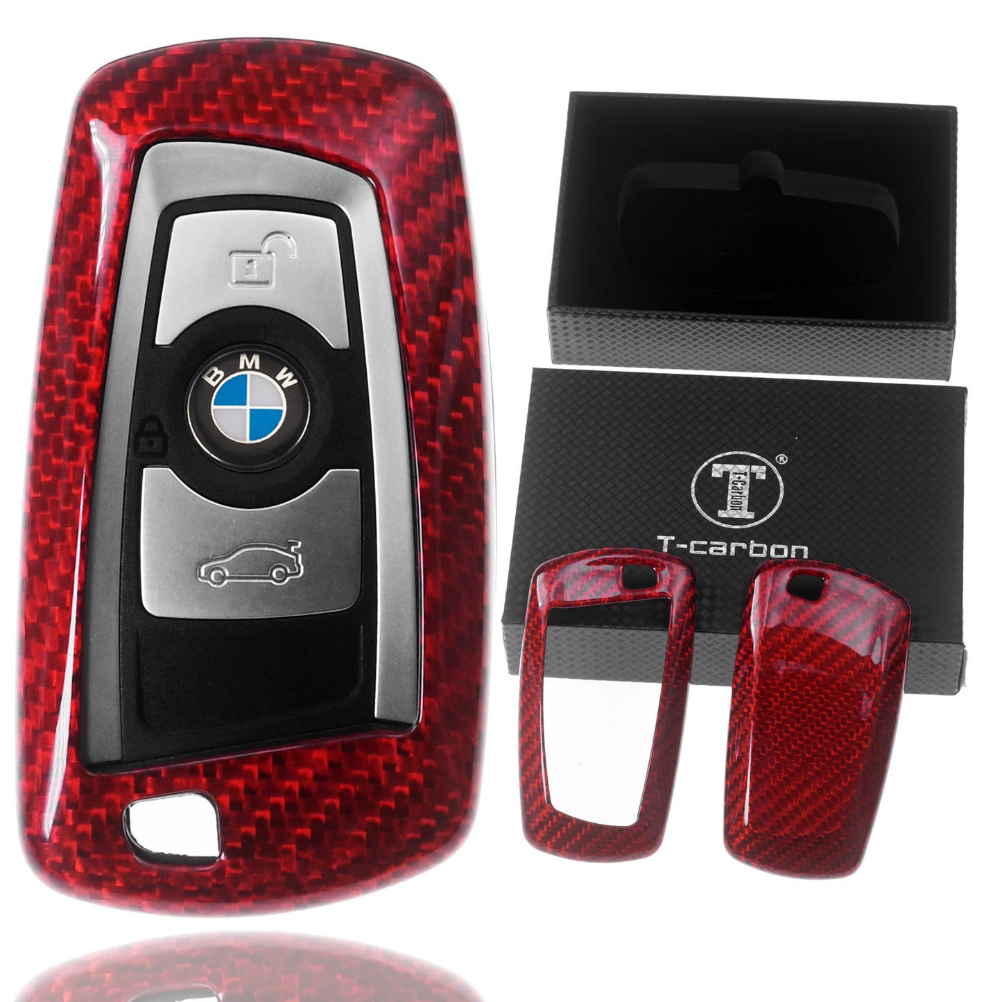 Auto Schlüssel Glasfaserverstärkte Schutz Hülle Hardcover Rot Carbon-Optik kompatibel mit BMW F20 F21 F22 F23 F30 F31 F34 F32 F26 KEYLESS SMARTKEY