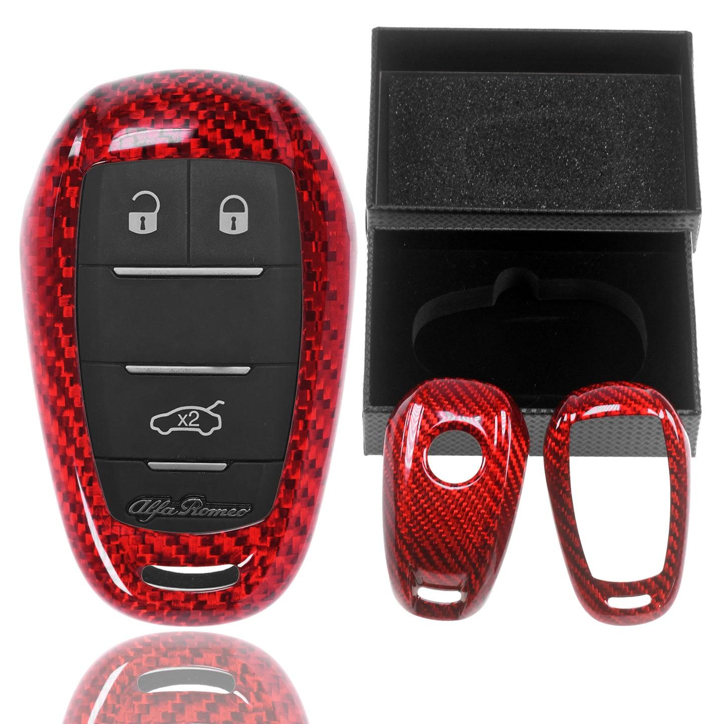 Auto Schlüssel Glasfaserverstärkte Schutz Hülle Hardcover Rot Carbon-Optik kompatibel mit ALFA Romeo Guiletta Guilia Stelvio KEYLESS SMARTKEY