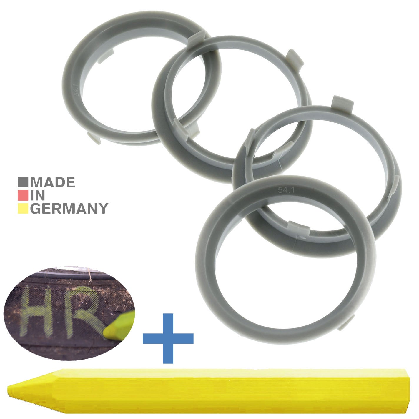 4X Zentrierringe 60,1 x 54,1 mm Grau Felgen Ringe + 1x Reifen Kreide Fett Stift