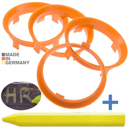 4X Zentrierringe 60,1 x 58,1 mm Orange Felgen Ringe + 1x Reifen Kreide Fett Stift