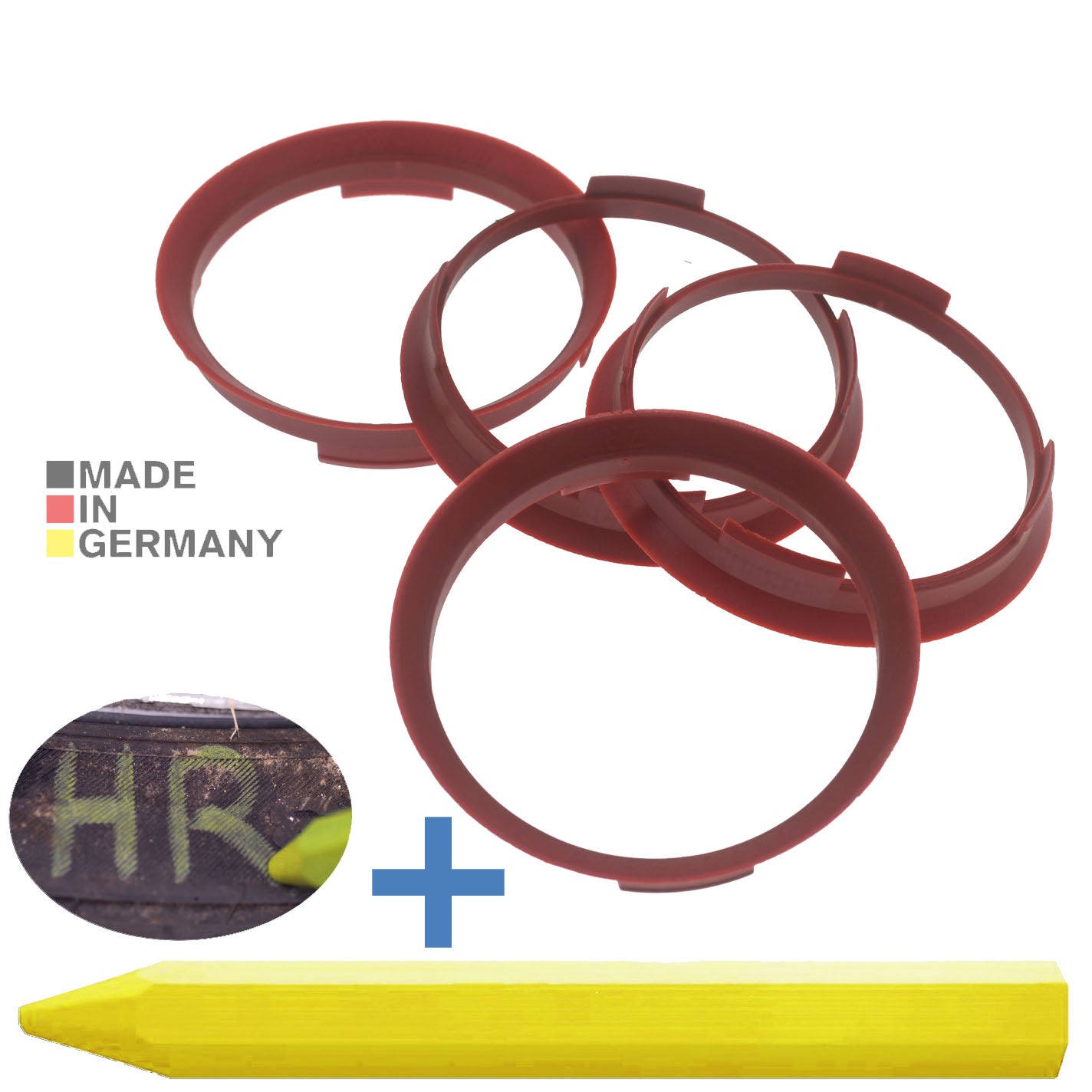 4X Zentrierringe 70,4 x 66,1 mm Rot Felgen Ringe + 1x Reifen Kreide Fett Stift