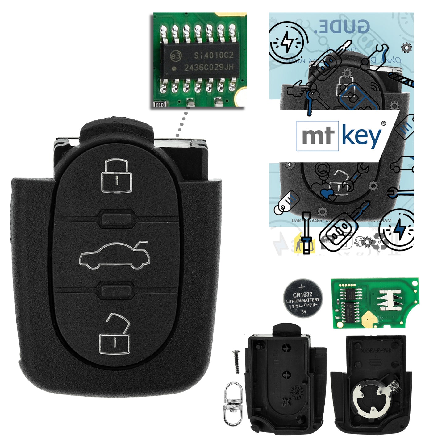 MT-KEY Funk Schlüssel Fernbedienung Sender 434MHZ kompatibel mit Audi A3 8L A4 B5 A6 C5 A8 D2 TT 8N 4D0837231N 433MHZ Klappschlüssel