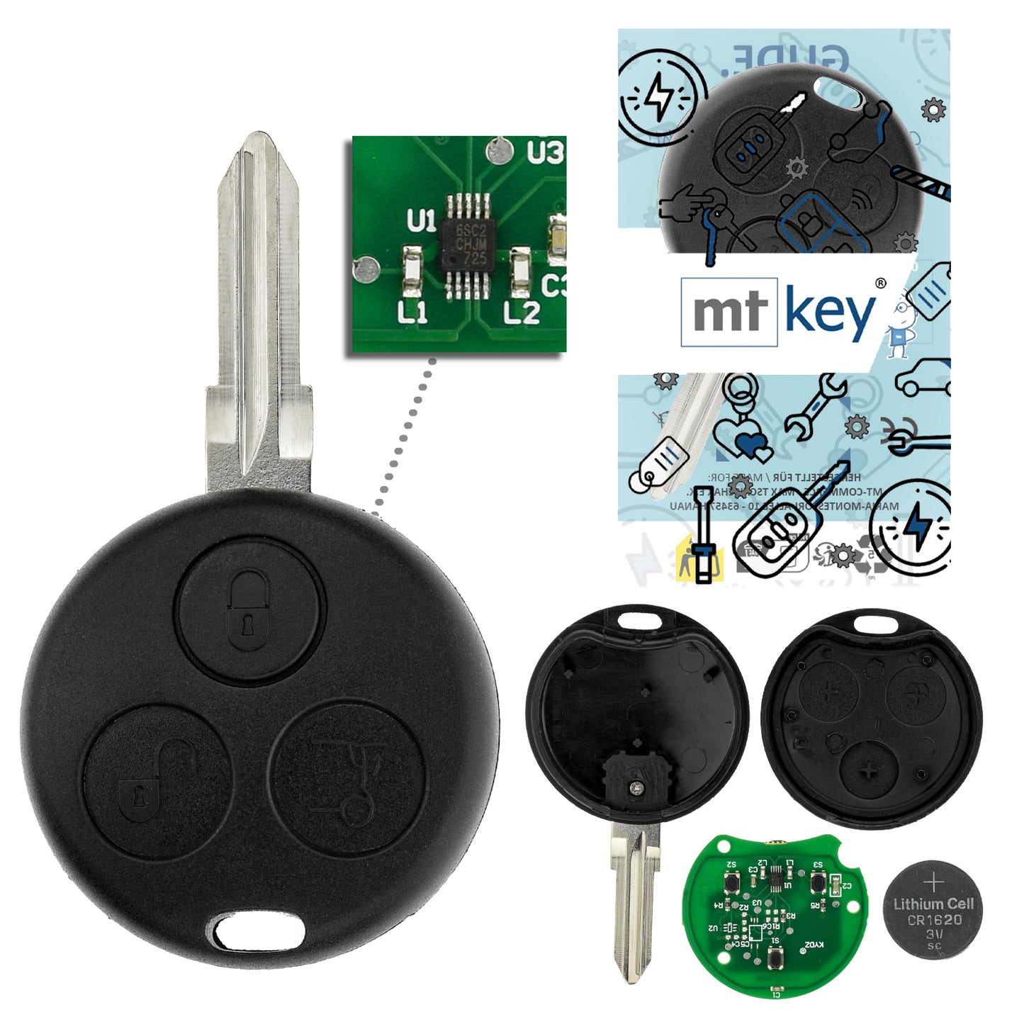 MT-KEY Funk Schlüssel Sender 434MHZ AB MODPF kompatibel mit Smart 450 City Fortwo Passion Pulse Roadster bis 2006 433MHZ Fernbedienung