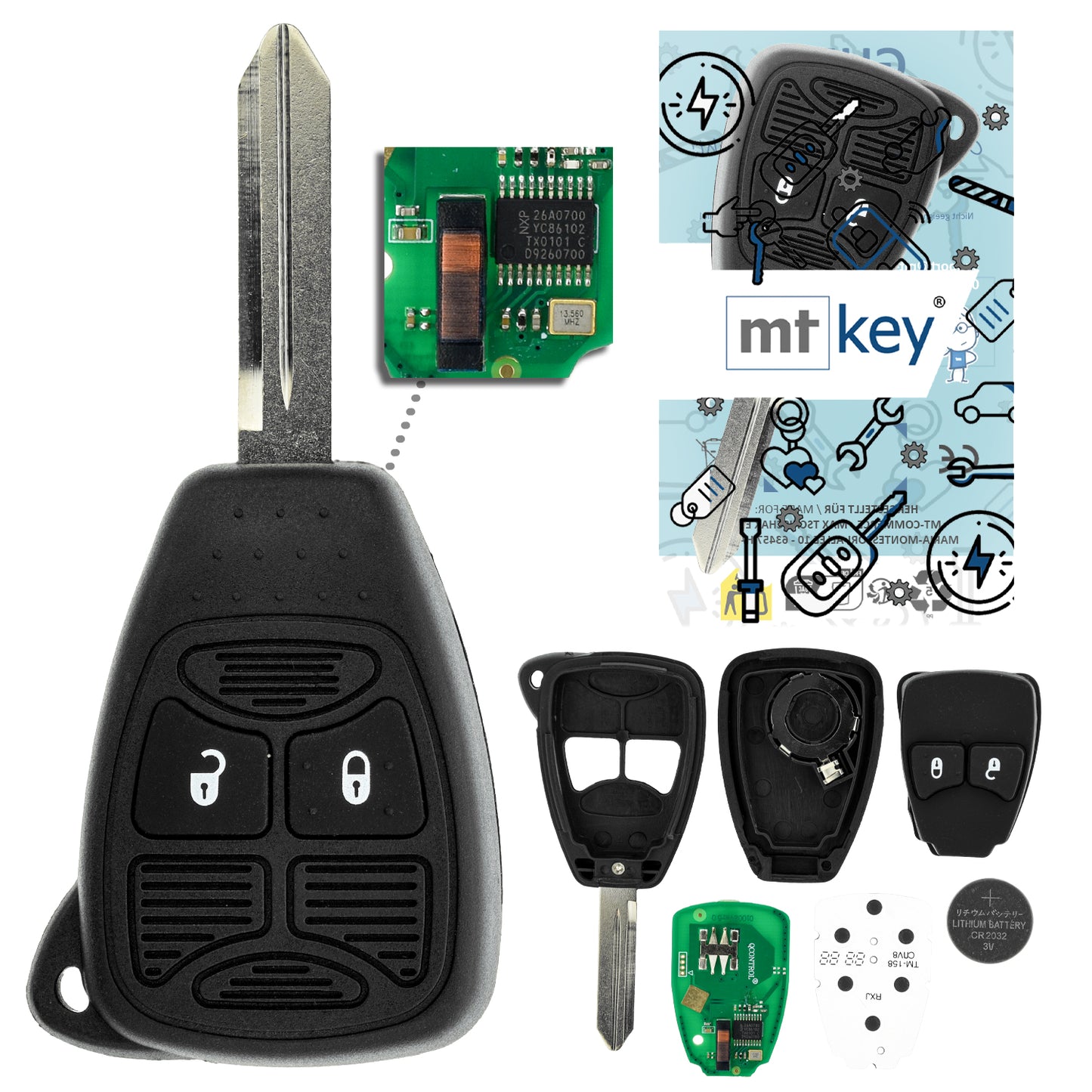 MT-KEY 2 Tasten Funk Schlüssel 434MHZ kompatibel mit Chrysler 200 300C PT Cruiser Sebring  Jeep Commander Grand Cherokee Liberty Wrangler Compass OHT