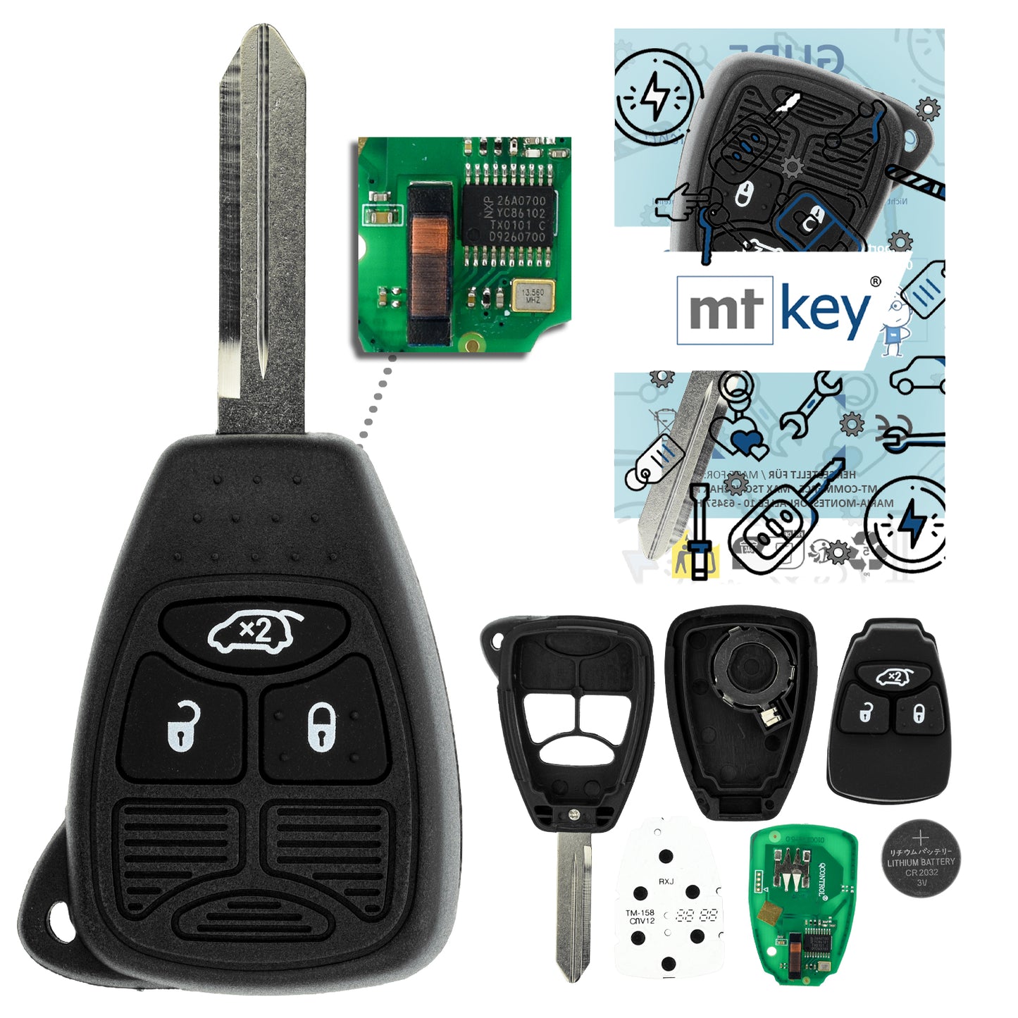 MT-KEY 3 Tasten Funk Schlüssel 434MHZ kompatibel mit Chrysler 200 300C PT Cruiser Sebring  Jeep Commander Grand Cherokee Liberty Wrangler Compass OHT
