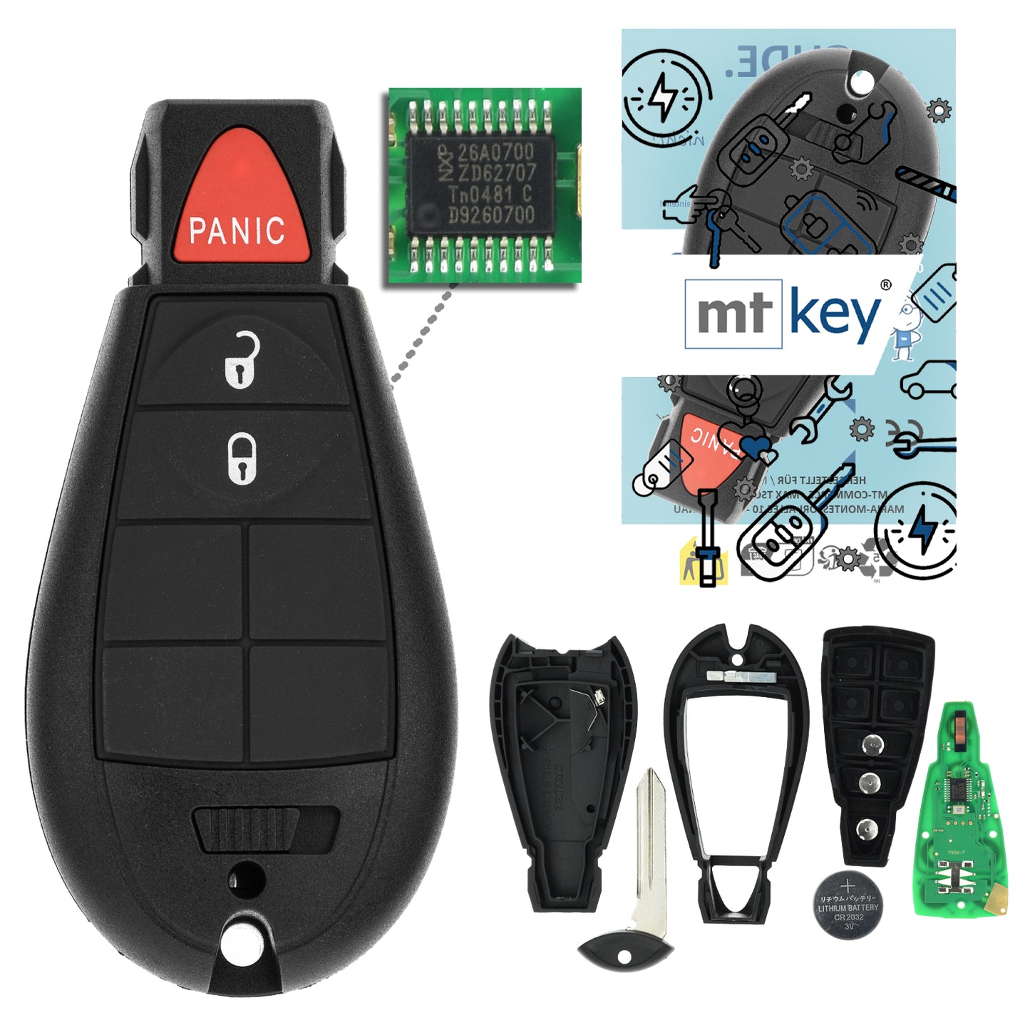 MT-KEY 2 + 1 Tasten Funk Schlüssel 434MHZ kompatibel mit Chrysler Town & Country 08-13 Voyager 04- Dodge Caravan Journey Ram Grand Caravan Magnum