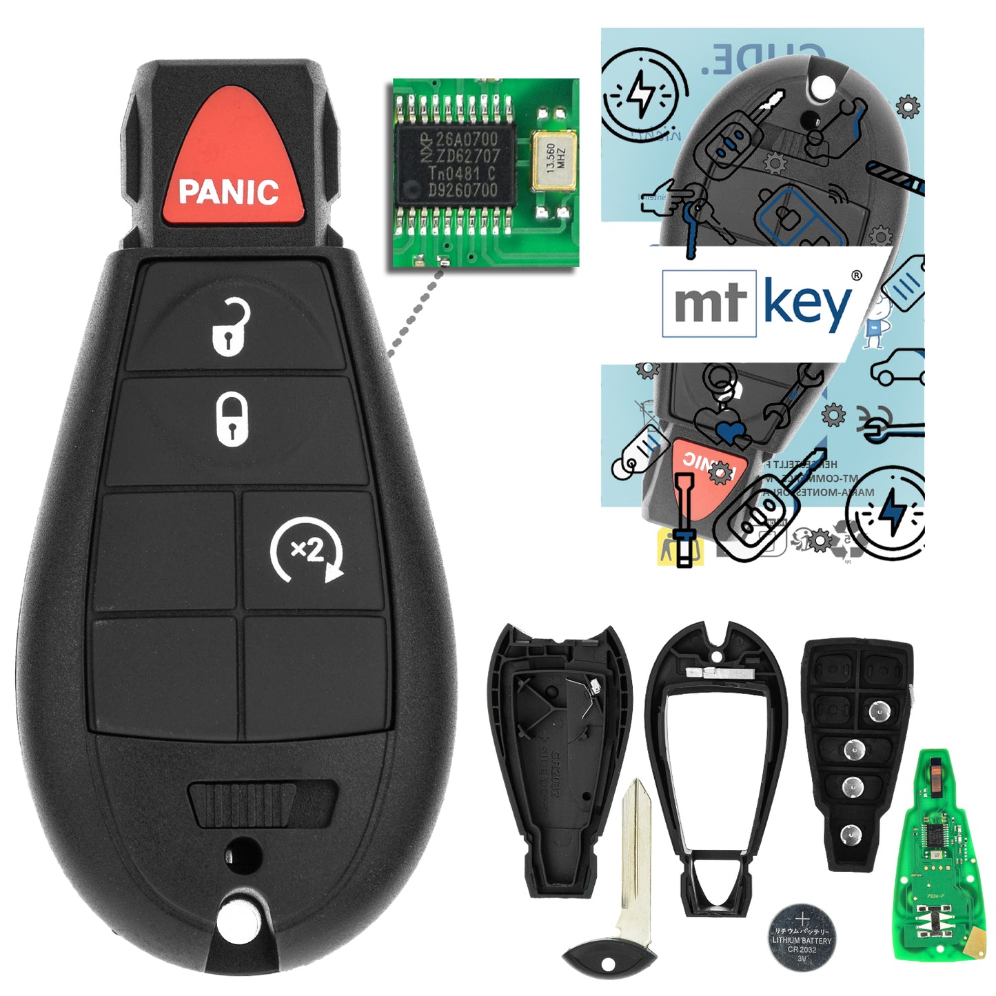 MT-KEY 3 + 1 Tasten Funk Schlüssel 434MHZ kompatibel mit Chrysler Town & Country 08-13 Voyager 04- Dodge Caravan Journey Ram Grand Caravan Magnum