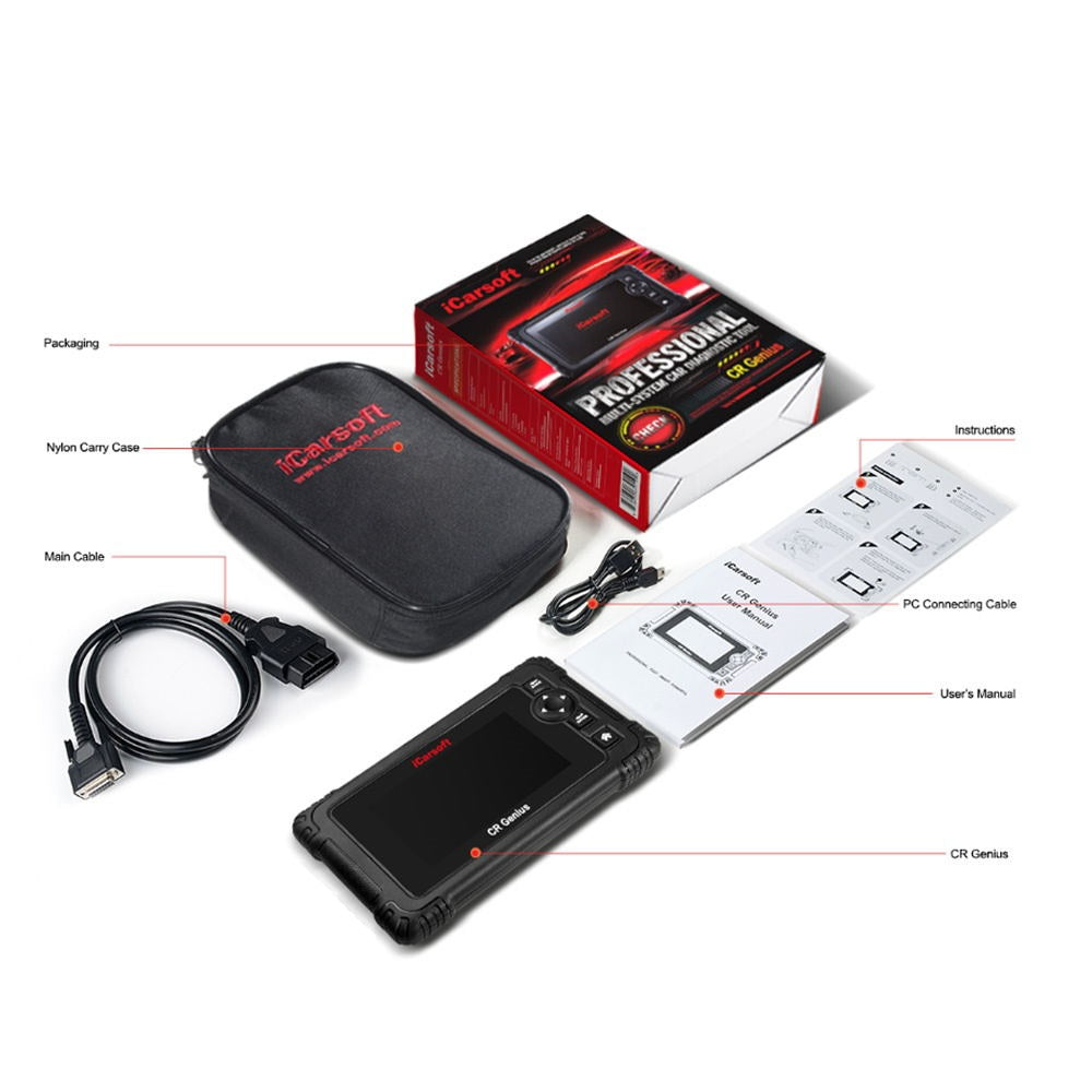 UNIVERSAL DIAGNOSEGERÄT iCARSOFT CR GENIUS OBD2 Scanner für viele Modelle + kostenlose Online Updates DEUTSCH