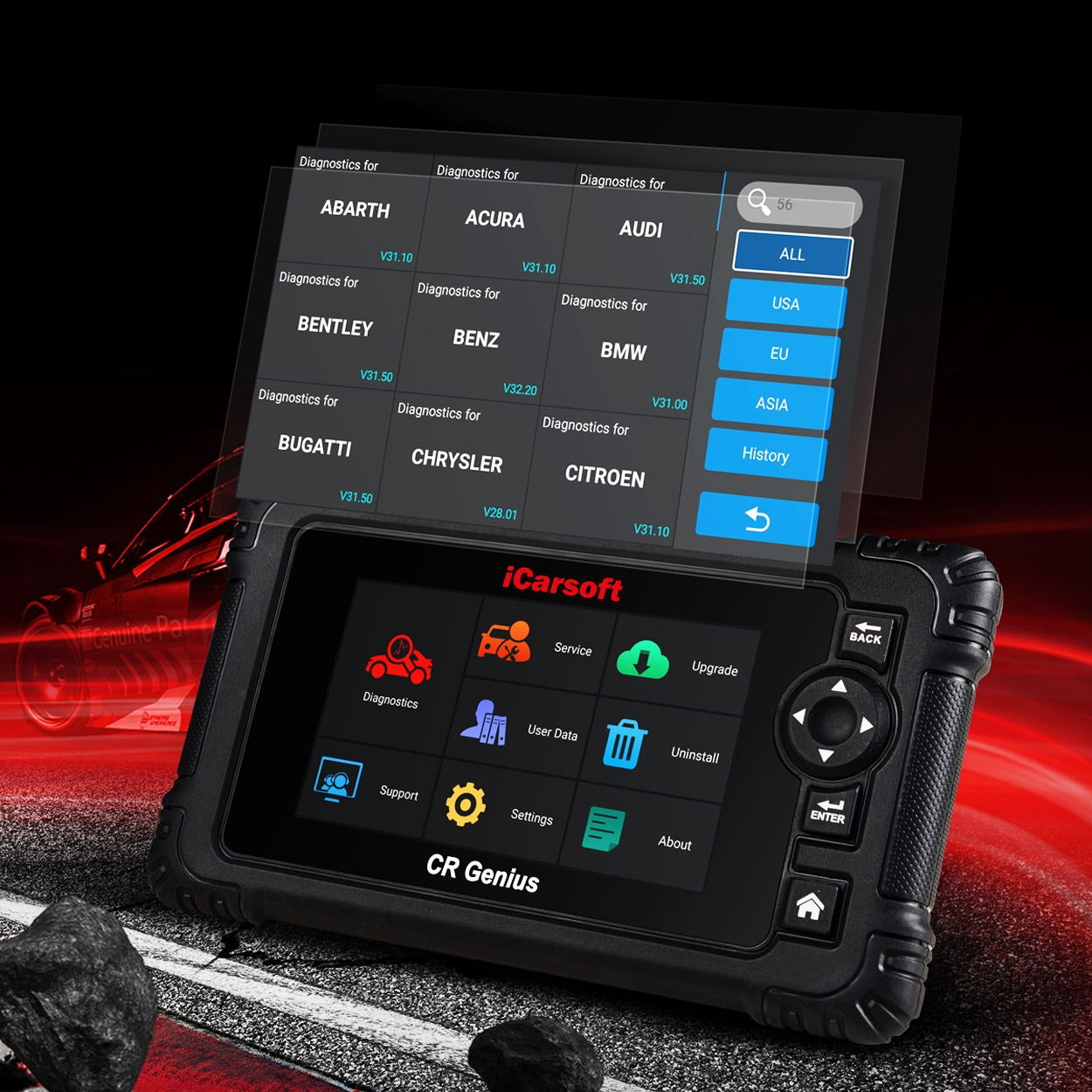 UNIVERSAL DIAGNOSEGERÄT iCARSOFT CR GENIUS OBD2 Scanner für viele Modelle + kostenlose Online Updates DEUTSCH