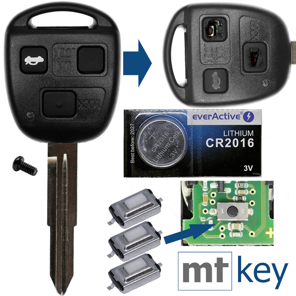 Auto Schlüssel Funk Fernbedienung 1x Gehäuse 3 Tasten TOY41 + 1x Tastenfeld + 3X Mikrotaster + 1x CR2016 Batterie kompatibel mit Toyota