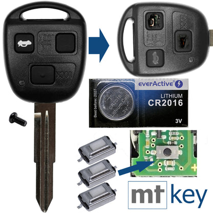 Auto Schlüssel Funk Fernbedienung 1x Gehäuse 3 Tasten TOY41 + 1x Tastenfeld + 3X Mikrotaster + 1x CR2016 Batterie kompatibel mit Toyota