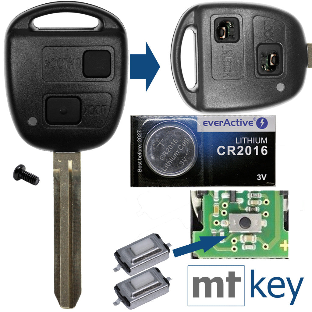 Auto Schlüssel Funk Fernbedienung 1x Gehäuse 2 Tasten TOY43 + 1x Tastenfeld + 2X Mikrotaster + 1x CR2016 Batterie kompatibel mit Toyota