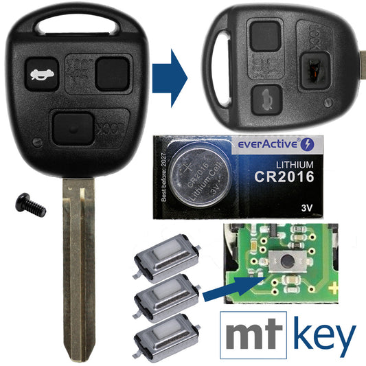 Auto Schlüssel Funk Fernbedienung 1x Gehäuse 3 Tasten TOY43 + 1x Tastenfeld + 3X Mikrotaster + 1x CR2016 Batterie kompatibel mit Toyota