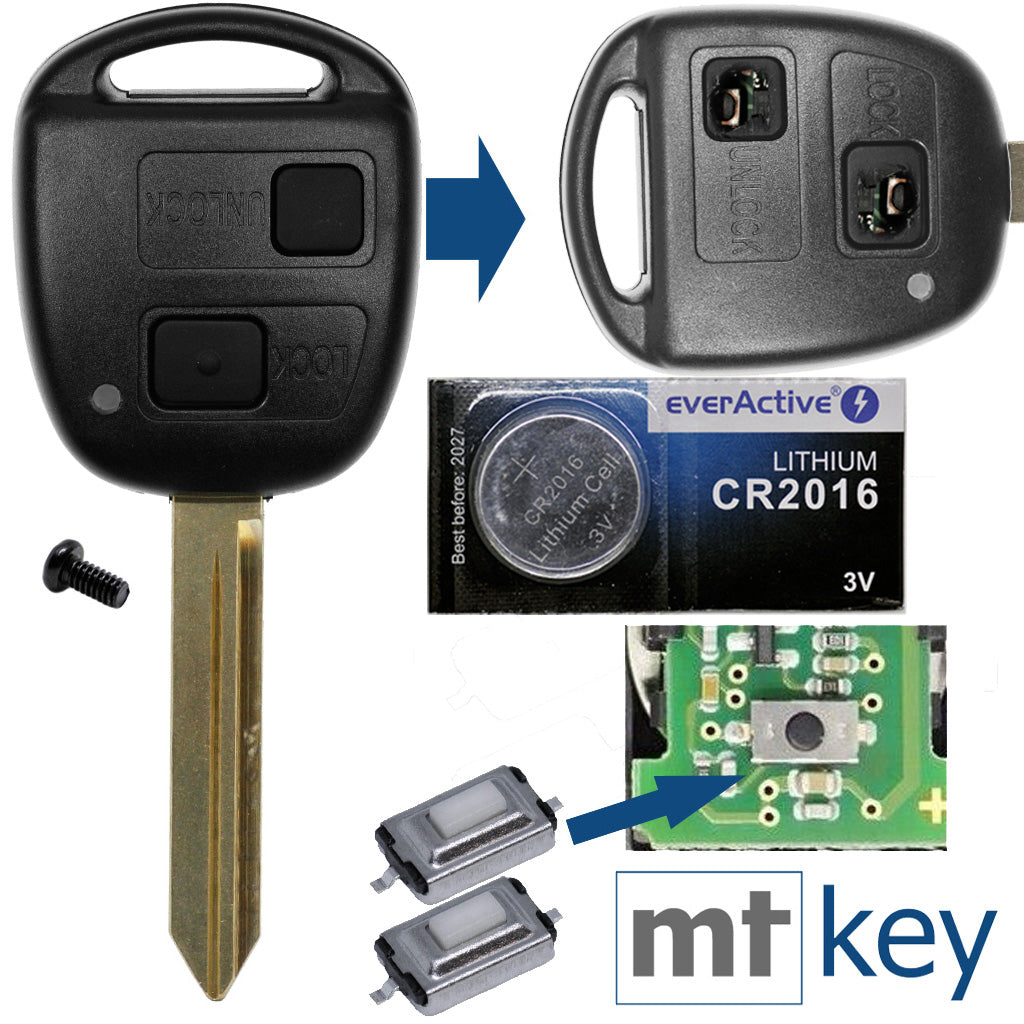 Auto Schlüssel Funk Fernbedienung 1x Gehäuse 2 Tasten TOY47 + 1x Tastenfeld + 2X Mikrotaster + 1x CR2016 Batterie kompatibel mit Toyota