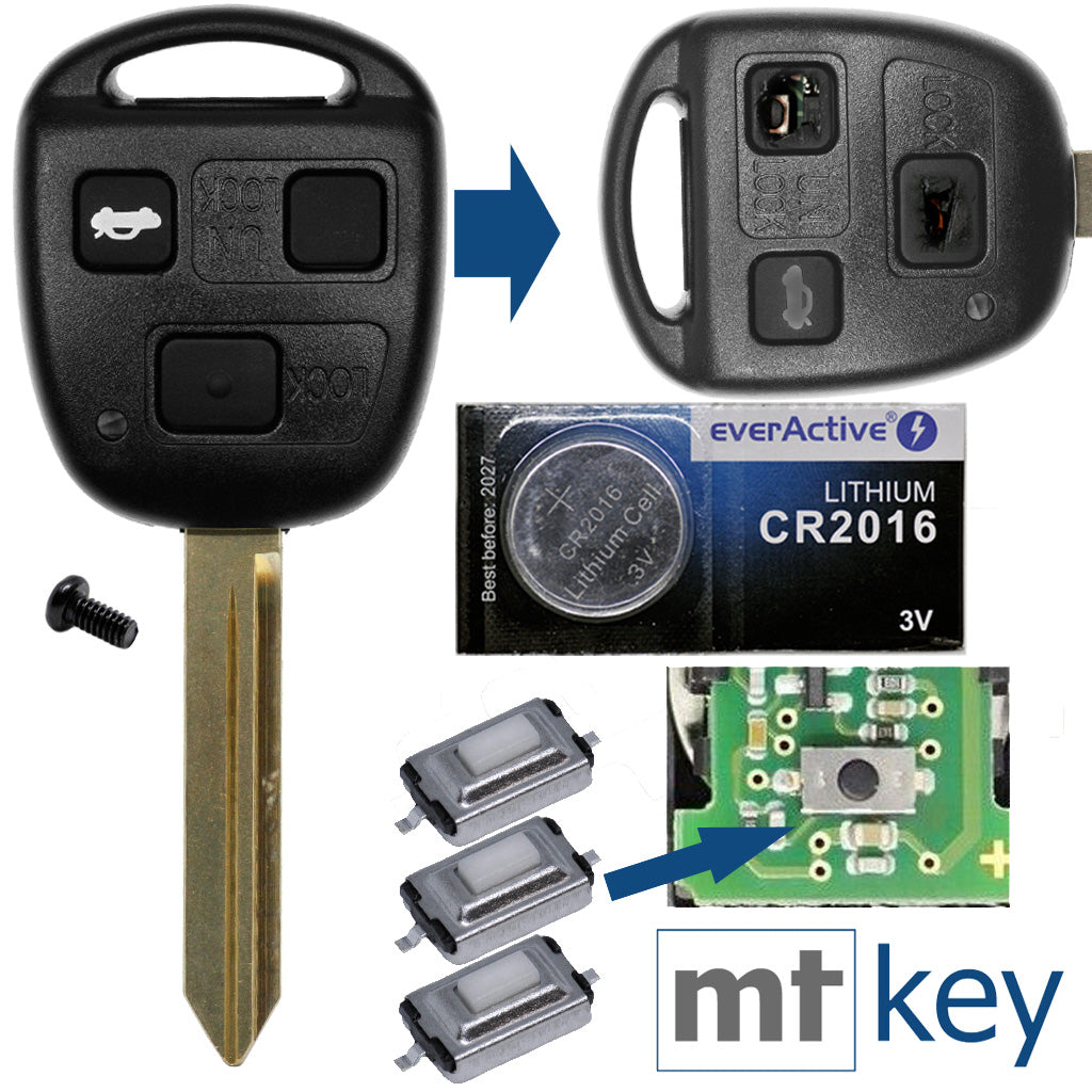 Auto Schlüssel Funk Fernbedienung 1x Gehäuse 3 Tasten TOY47 + 1x Tastenfeld + 3X Mikrotaster + 1x CR2016 Batterie kompatibel mit Toyota